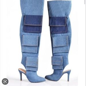 Denim over the knee boots with pockets